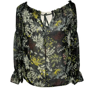 WAYF Floral Perched Bird Peasant Navy Scoop Drawstring Neckline Long SleeveTop